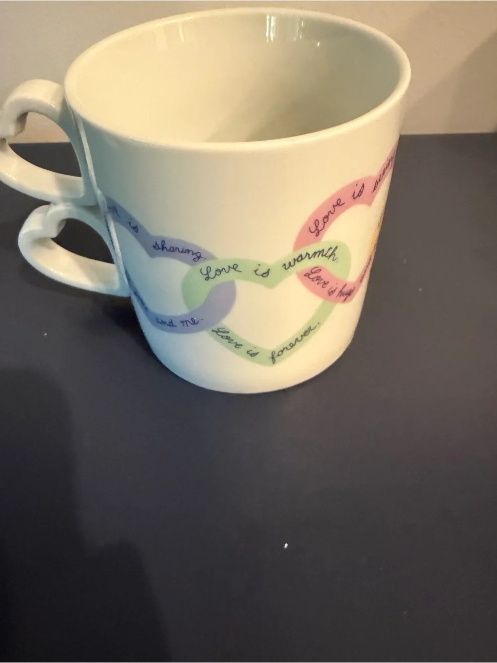 Avon “Love Is Sayings” Coffee Mug Double Heart Shaped Handle Valentines Day Cup